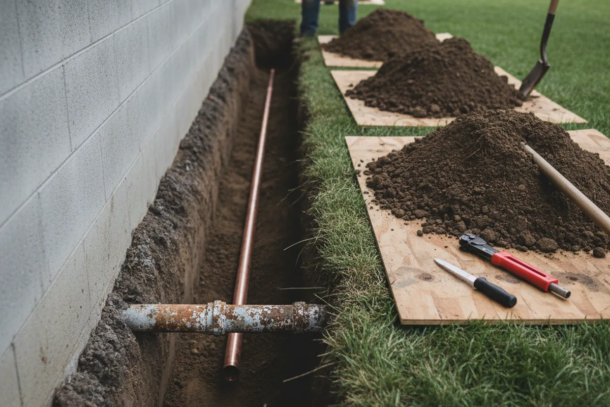 Excavated water line trench during Water Softener Installation in Rochester